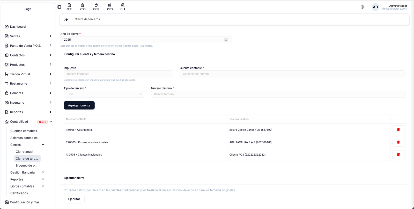 Configuración de cuentas para cierre de terceros