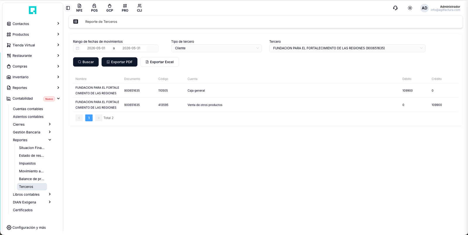 Reporte de Terceros - pantalla